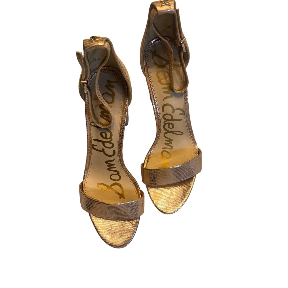 Sam Edelman Gold Metallic Ankle Strap Heels Women's Size 10.5 Block Heel Sandals